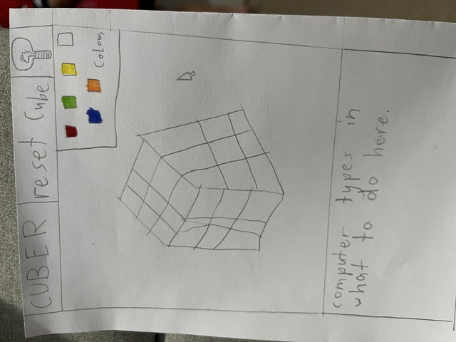 My son's original design sketch, in pencil. A title bar with Reset and a light bulb, the cube, six colours to pick from, and a box where the computer types in what to do.